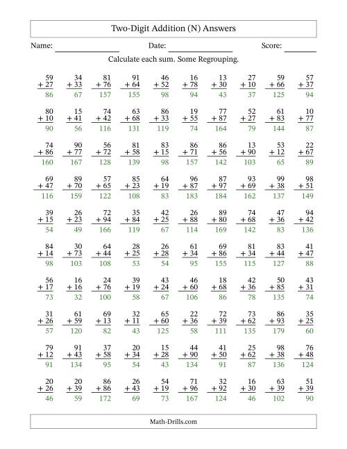 The Two-Digit Addition With Some Regrouping – 100 Questions (N) Math Worksheet Page 2