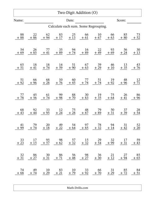 The Two-Digit Addition With Some Regrouping – 100 Questions (O) Math Worksheet