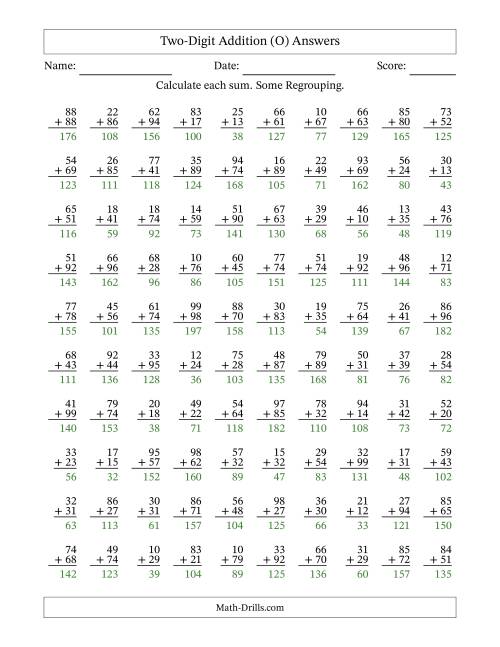 The Two-Digit Addition With Some Regrouping – 100 Questions (O) Math Worksheet Page 2