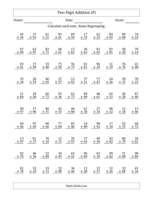 The Two-Digit Addition With Some Regrouping – 100 Questions (P) Math Worksheet