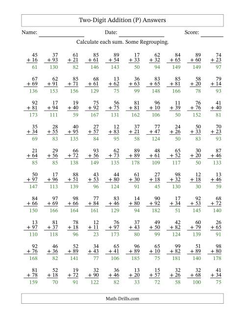 The Two-Digit Addition With Some Regrouping – 100 Questions (P) Math Worksheet Page 2