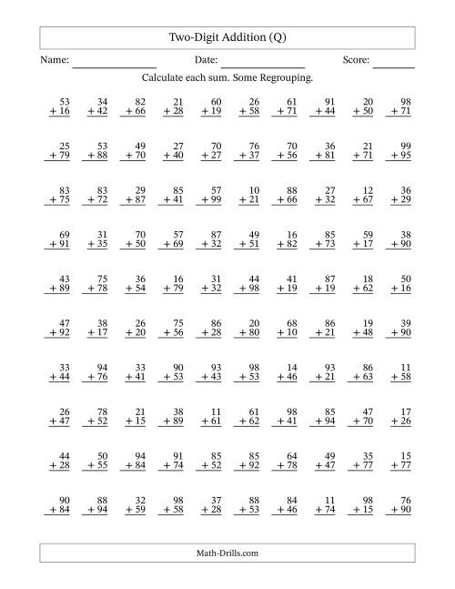 The Two-Digit Addition With Some Regrouping – 100 Questions (Q) Math Worksheet