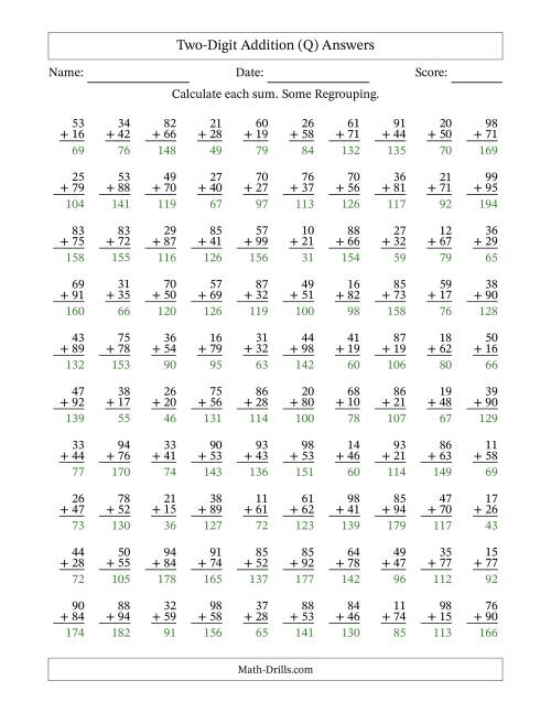 The Two-Digit Addition With Some Regrouping – 100 Questions (Q) Math Worksheet Page 2