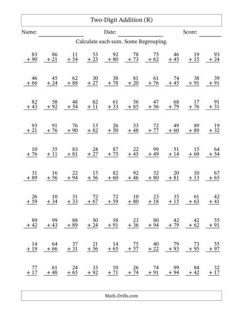 The Two-Digit Addition With Some Regrouping – 100 Questions (R) Math Worksheet