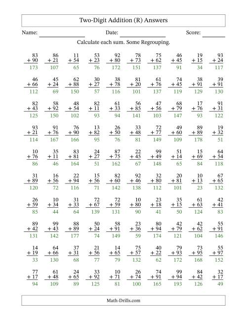 The Two-Digit Addition With Some Regrouping – 100 Questions (R) Math Worksheet Page 2