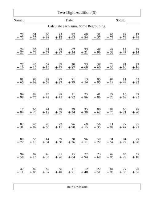 The Two-Digit Addition With Some Regrouping – 100 Questions (S) Math Worksheet