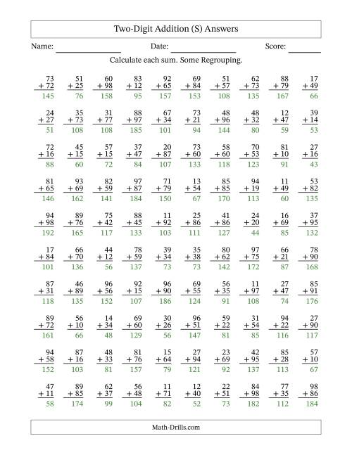 The Two-Digit Addition With Some Regrouping – 100 Questions (S) Math Worksheet Page 2