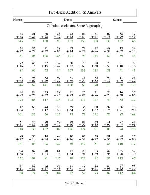 Two-Digit Addition -- Some Regrouping -- 100 Questions (S)