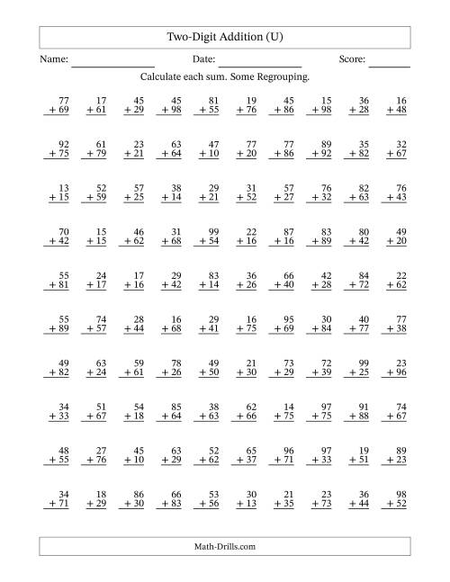 The Two-Digit Addition With Some Regrouping – 100 Questions (U) Math Worksheet