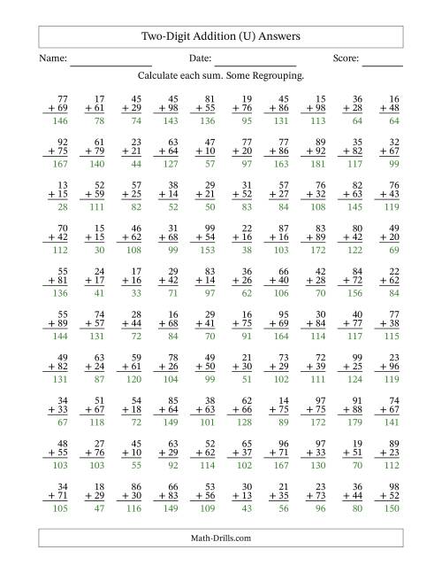 The Two-Digit Addition With Some Regrouping – 100 Questions (U) Math Worksheet Page 2