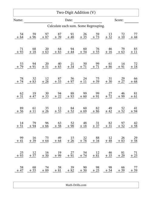 The Two-Digit Addition With Some Regrouping – 100 Questions (V) Math Worksheet