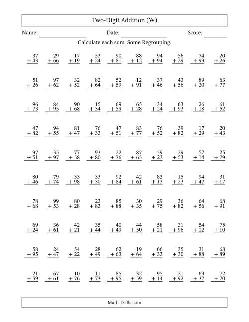 The Two-Digit Addition With Some Regrouping – 100 Questions (W) Math Worksheet