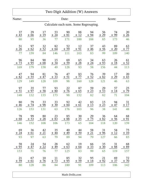 The Two-Digit Addition With Some Regrouping – 100 Questions (W) Math Worksheet Page 2
