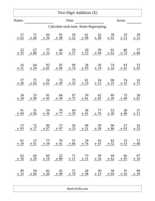 The Two-Digit Addition With Some Regrouping – 100 Questions (X) Math Worksheet