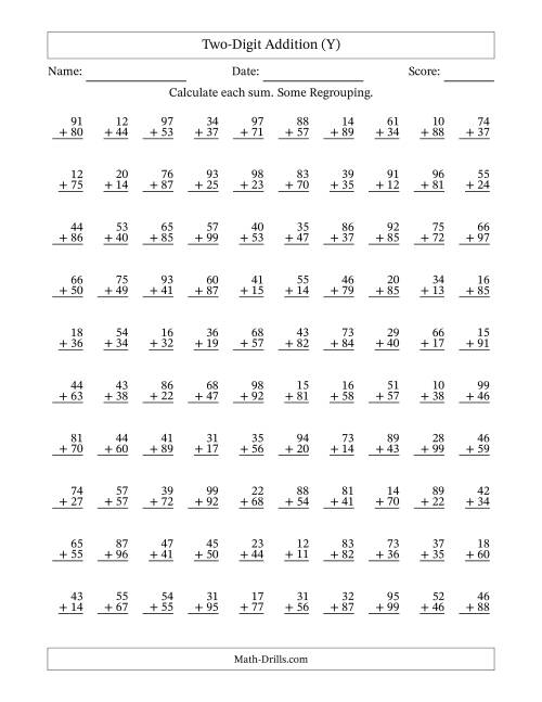 The Two-Digit Addition With Some Regrouping – 100 Questions (Y) Math Worksheet