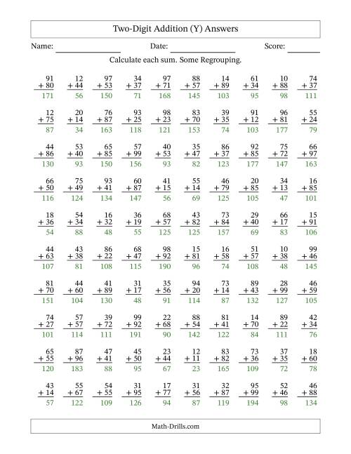 The Two-Digit Addition With Some Regrouping – 100 Questions (Y) Math Worksheet Page 2