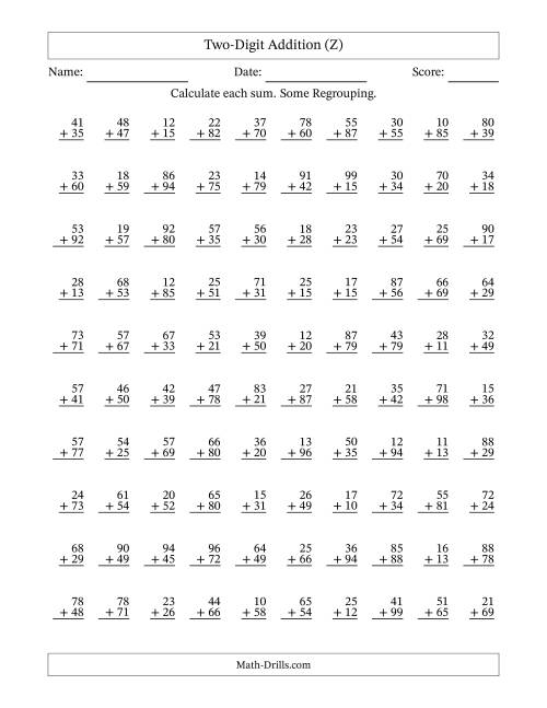 The Two-Digit Addition With Some Regrouping – 100 Questions (Z) Math Worksheet