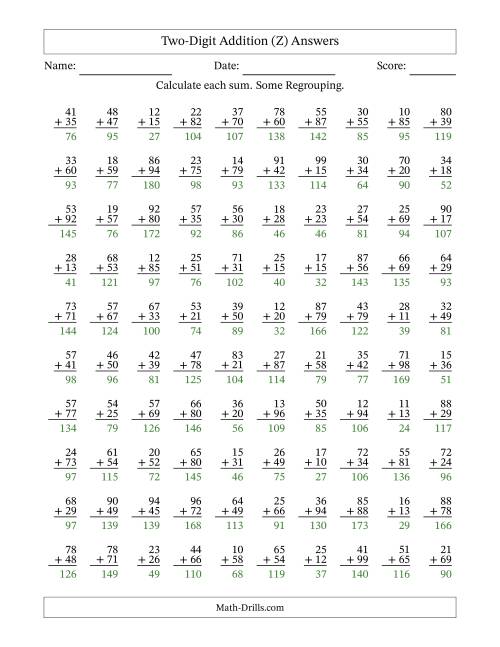 The Two-Digit Addition With Some Regrouping – 100 Questions (Z) Math Worksheet Page 2