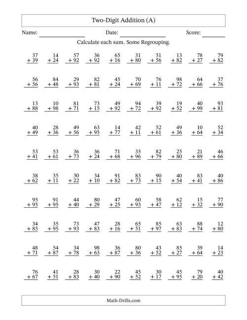 The Two-Digit Addition With Some Regrouping – 100 Questions (All) Math Worksheet