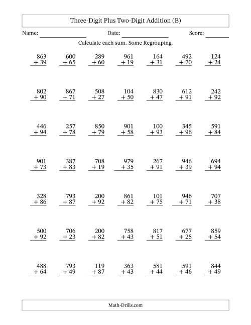 The Three-Digit Plus Two-Digit Addition With Some Regrouping – 49 Questions (B) Math Worksheet