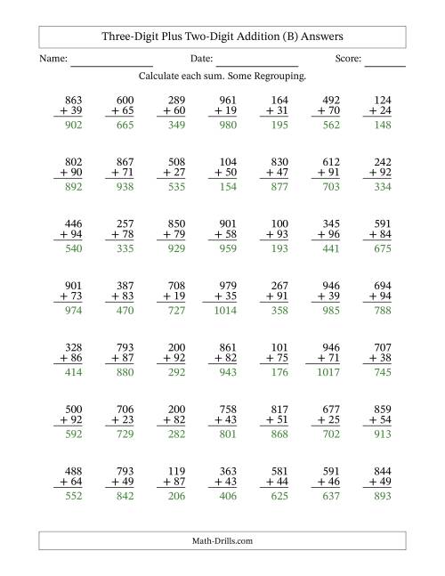 The Three-Digit Plus Two-Digit Addition With Some Regrouping – 49 Questions (B) Math Worksheet Page 2