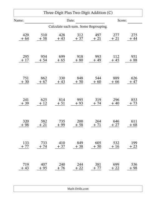 The Three-Digit Plus Two-Digit Addition With Some Regrouping – 49 Questions (C) Math Worksheet