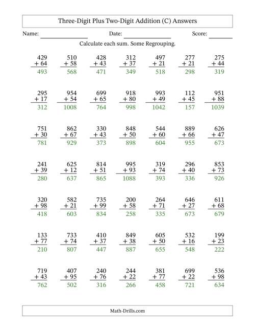 The Three-Digit Plus Two-Digit Addition With Some Regrouping – 49 Questions (C) Math Worksheet Page 2