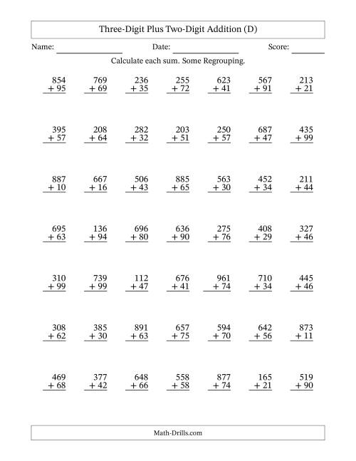 The Three-Digit Plus Two-Digit Addition With Some Regrouping – 49 Questions (D) Math Worksheet
