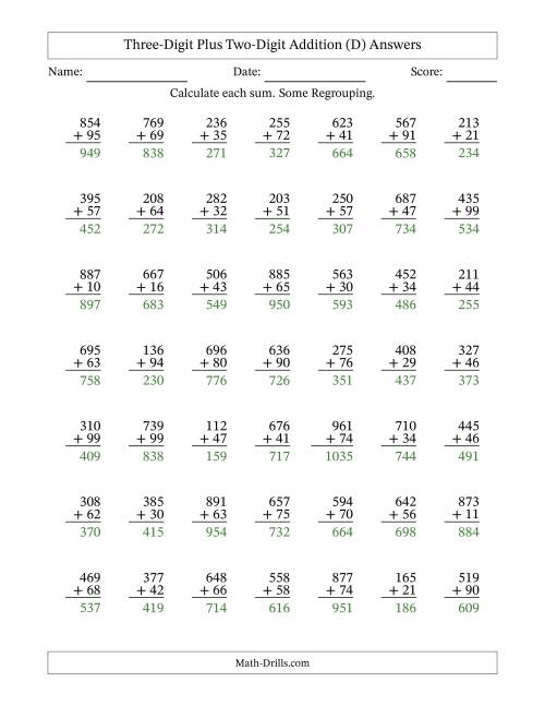 The Three-Digit Plus Two-Digit Addition With Some Regrouping – 49 Questions (D) Math Worksheet Page 2