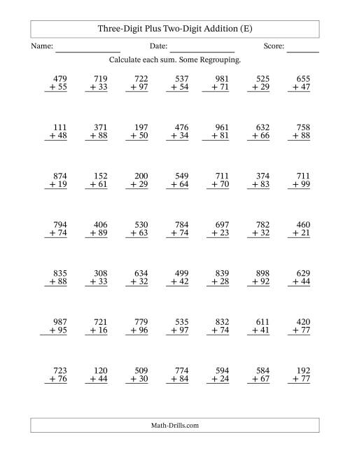 The Three-Digit Plus Two-Digit Addition With Some Regrouping – 49 Questions (E) Math Worksheet