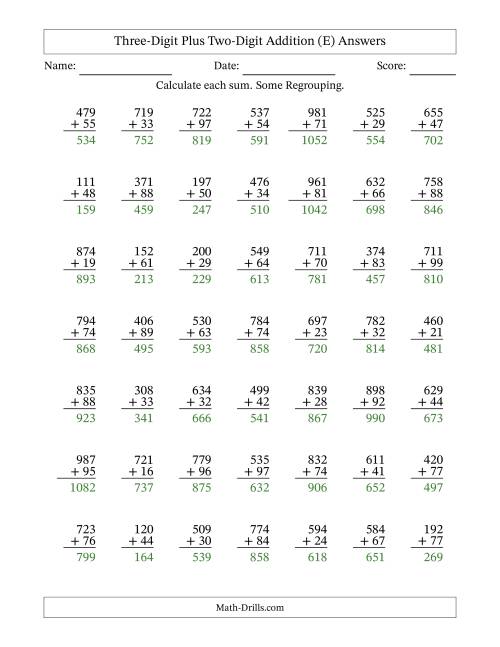 The Three-Digit Plus Two-Digit Addition With Some Regrouping – 49 Questions (E) Math Worksheet Page 2
