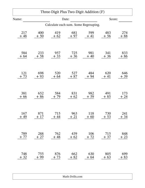The Three-Digit Plus Two-Digit Addition With Some Regrouping – 49 Questions (F) Math Worksheet