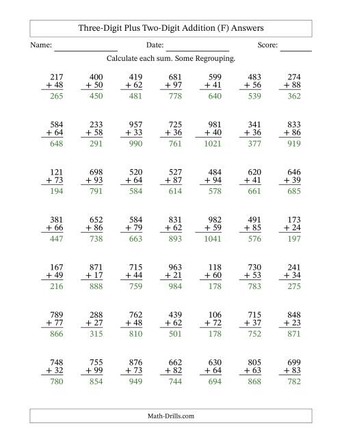 The Three-Digit Plus Two-Digit Addition With Some Regrouping – 49 Questions (F) Math Worksheet Page 2