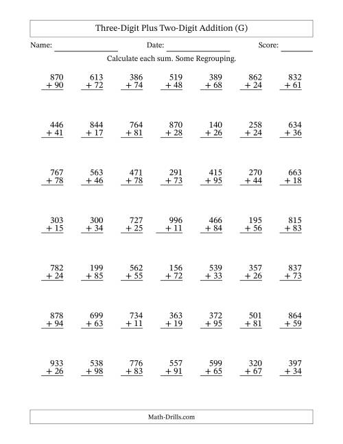 The Three-Digit Plus Two-Digit Addition With Some Regrouping – 49 Questions (G) Math Worksheet
