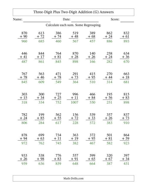 The Three-Digit Plus Two-Digit Addition With Some Regrouping – 49 Questions (G) Math Worksheet Page 2