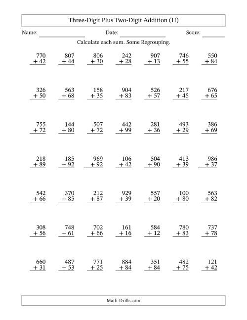 The Three-Digit Plus Two-Digit Addition With Some Regrouping – 49 Questions (H) Math Worksheet