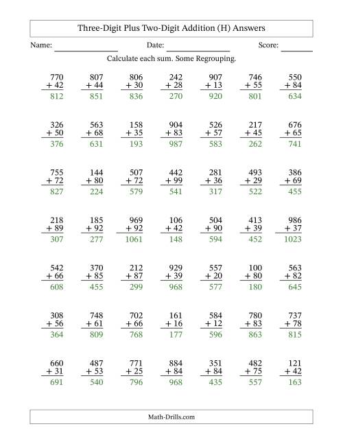 The Three-Digit Plus Two-Digit Addition With Some Regrouping – 49 Questions (H) Math Worksheet Page 2