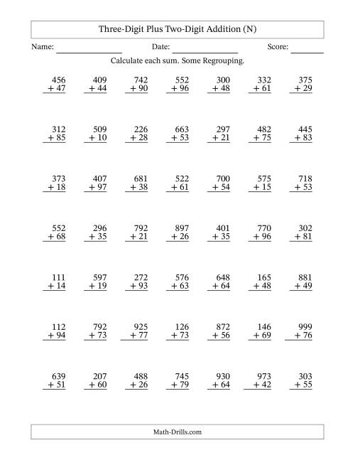 The Three-Digit Plus Two-Digit Addition With Some Regrouping – 49 Questions (N) Math Worksheet