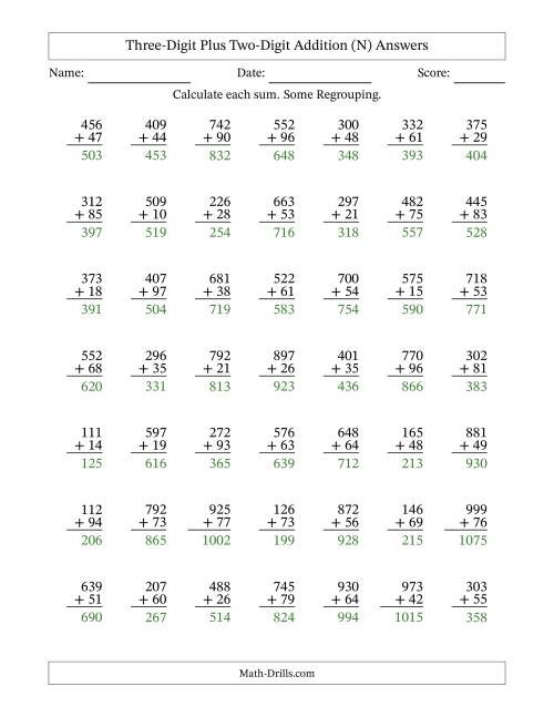 The Three-Digit Plus Two-Digit Addition With Some Regrouping – 49 Questions (N) Math Worksheet Page 2