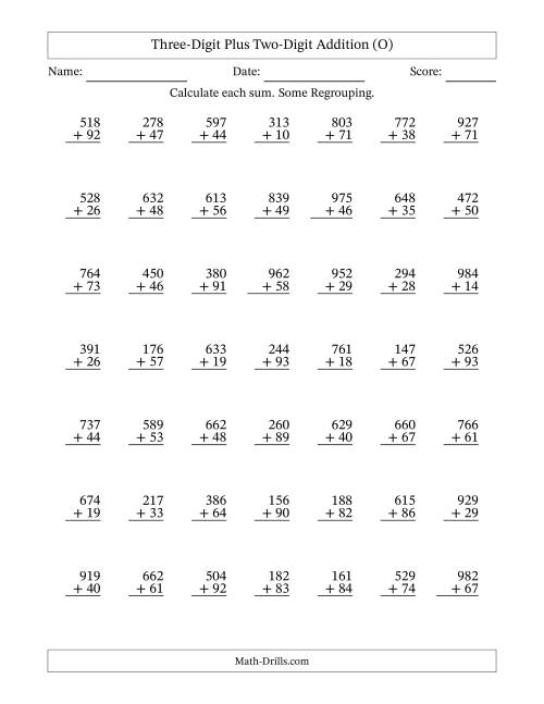 The Three-Digit Plus Two-Digit Addition With Some Regrouping – 49 Questions (O) Math Worksheet