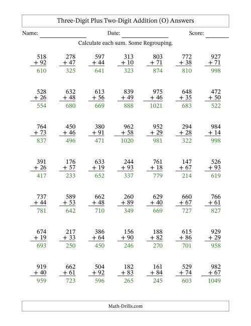 The Three-Digit Plus Two-Digit Addition With Some Regrouping – 49 Questions (O) Math Worksheet Page 2