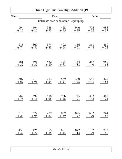 The Three-Digit Plus Two-Digit Addition With Some Regrouping – 49 Questions (P) Math Worksheet