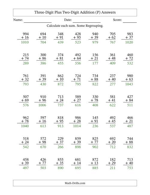 The Three-Digit Plus Two-Digit Addition With Some Regrouping – 49 Questions (P) Math Worksheet Page 2