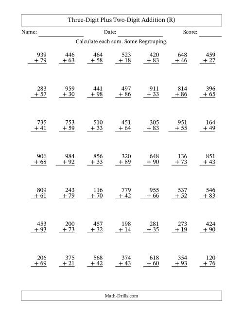 The Three-Digit Plus Two-Digit Addition With Some Regrouping – 49 Questions (R) Math Worksheet