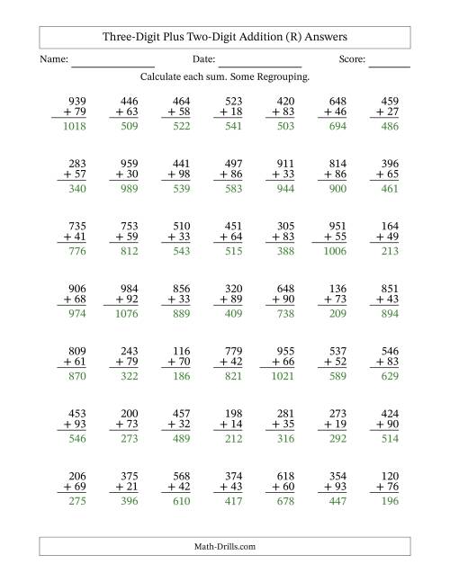 The Three-Digit Plus Two-Digit Addition With Some Regrouping – 49 Questions (R) Math Worksheet Page 2