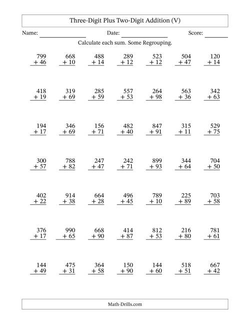 The Three-Digit Plus Two-Digit Addition With Some Regrouping – 49 Questions (V) Math Worksheet