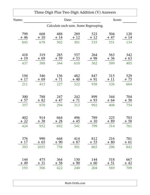 The Three-Digit Plus Two-Digit Addition With Some Regrouping – 49 Questions (V) Math Worksheet Page 2