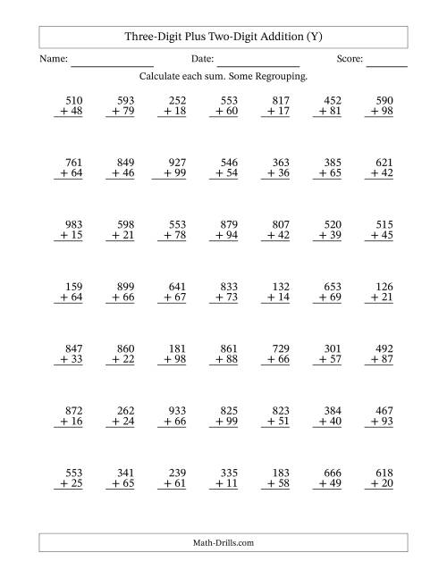 The Three-Digit Plus Two-Digit Addition With Some Regrouping – 49 Questions (Y) Math Worksheet