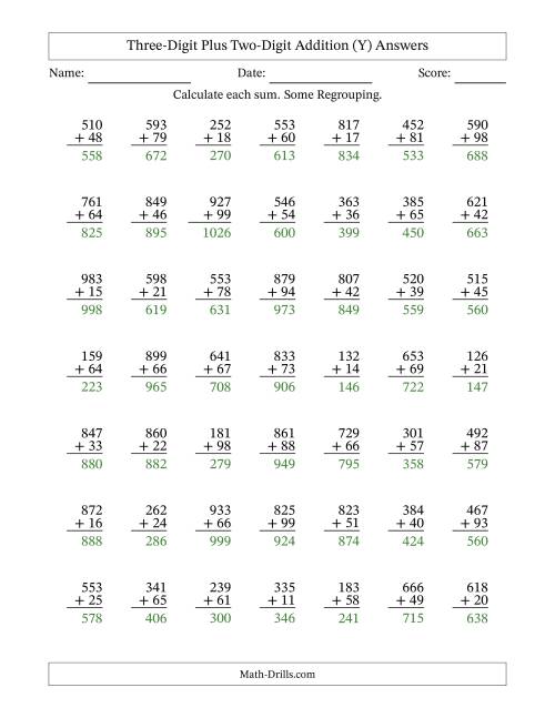 The Three-Digit Plus Two-Digit Addition With Some Regrouping – 49 Questions (Y) Math Worksheet Page 2