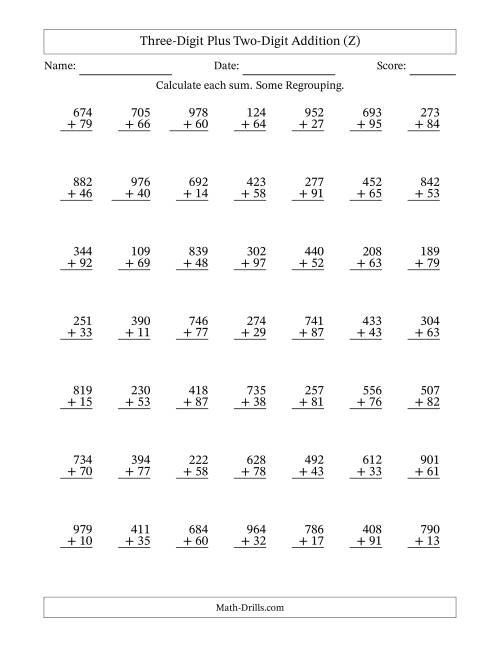 The Three-Digit Plus Two-Digit Addition With Some Regrouping – 49 Questions (Z) Math Worksheet